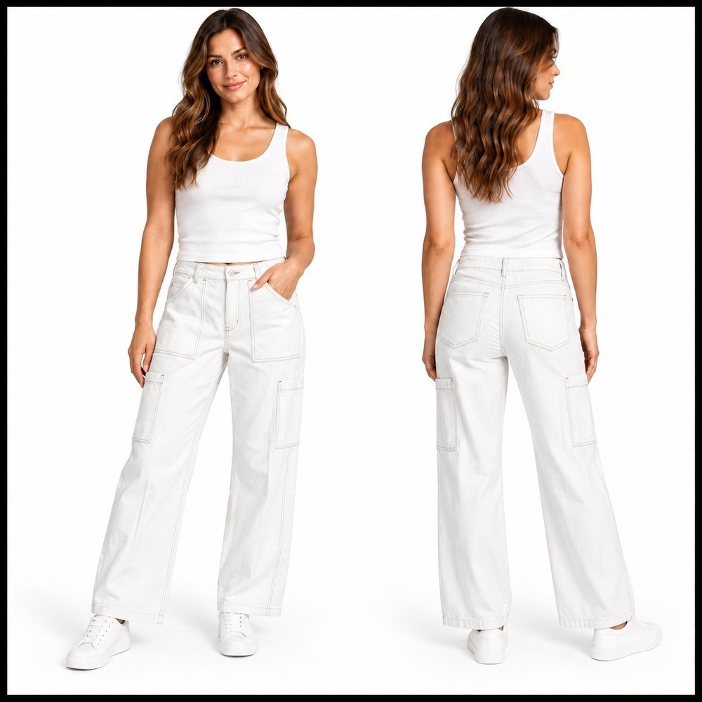 H&M DIVIDED White High Rise Super Wide Leg Cargo Utility Pants Jeans Sz US 6